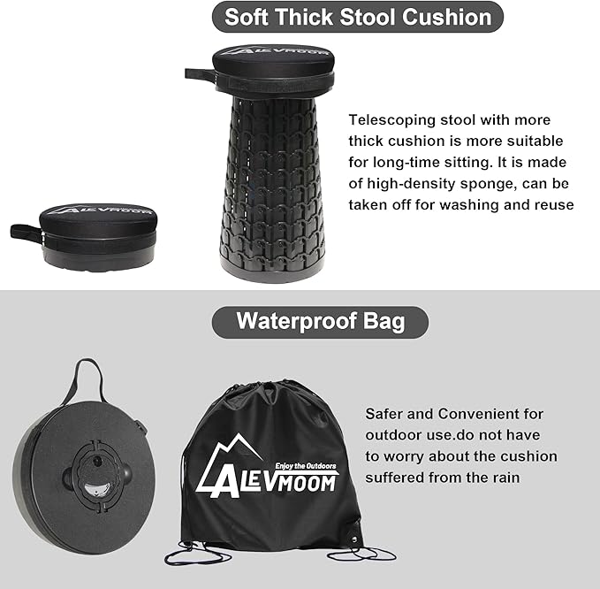Upgraded Collapsible Stool with Cushion 880Lbs Max Weight Portable Folding Height Adjustable Lightweight Retractable Telescoping Stool for Camping Outdoors Fishing Hiking Travel BBQ with Carry Bag