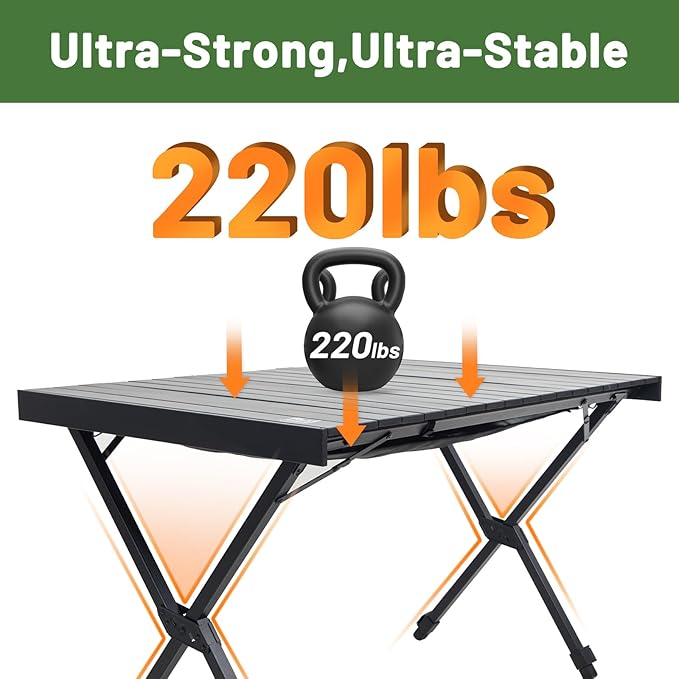 TIMBER RIDGE Folding Camping Table Adjustable Height 4-6 Person Lightweight Aluminum Roll-up Table for Camping Outdoor Picnic BBQ Backyard Party Support 220 lbs Black