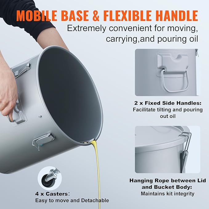 VEVOR 10 Gallon Fryer Grease Bucket Oil Disposal Bucket Caddy on Wheels Rust-proof Coated Carbon Steel Fryer Oil Transport Container with Filter Bag Lid &amp Lock Clips for Cooking Oil Filtering