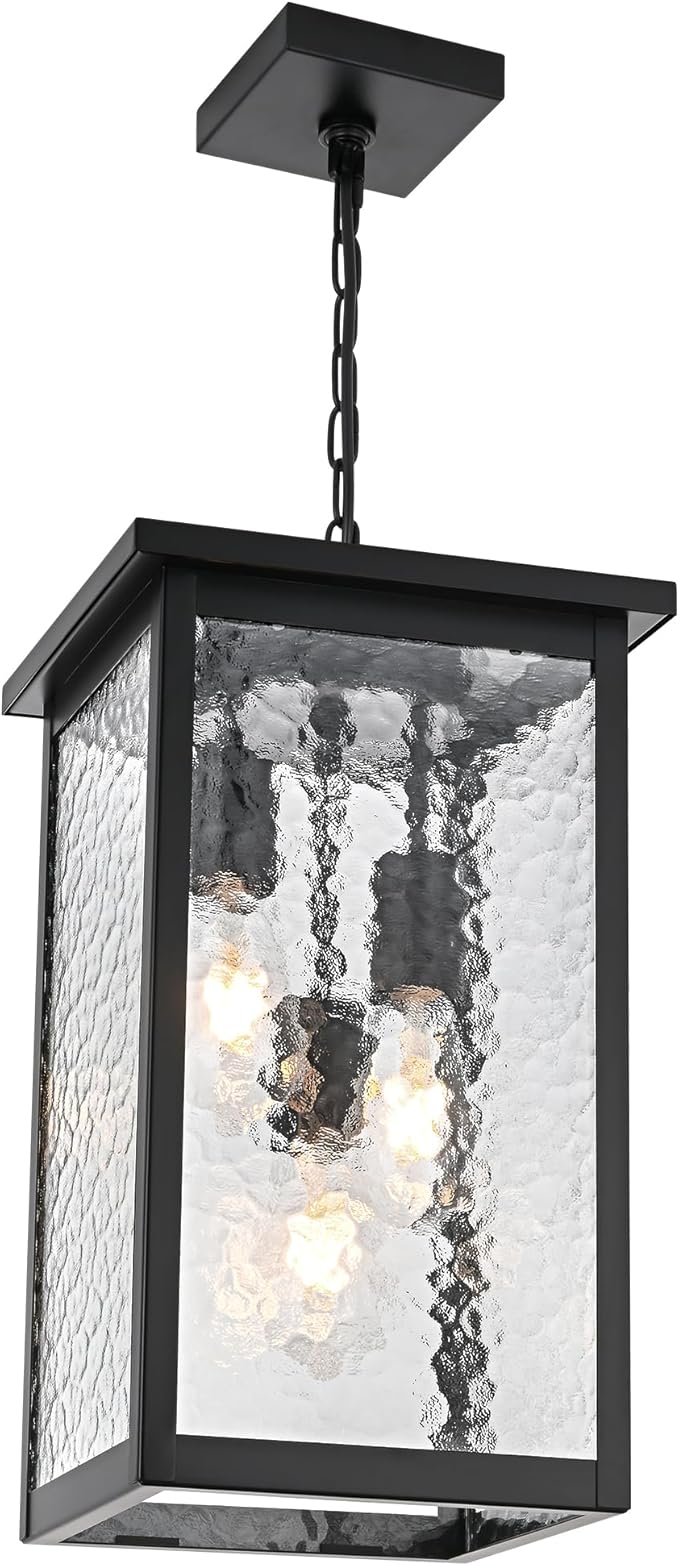 TODOLUZ Large 3-Light Outdoor Pendant Light Fixture Exterior Hanging Porch Lighting with Hammered Glass Adjustable Long Chain &amp E26 Bulb Base