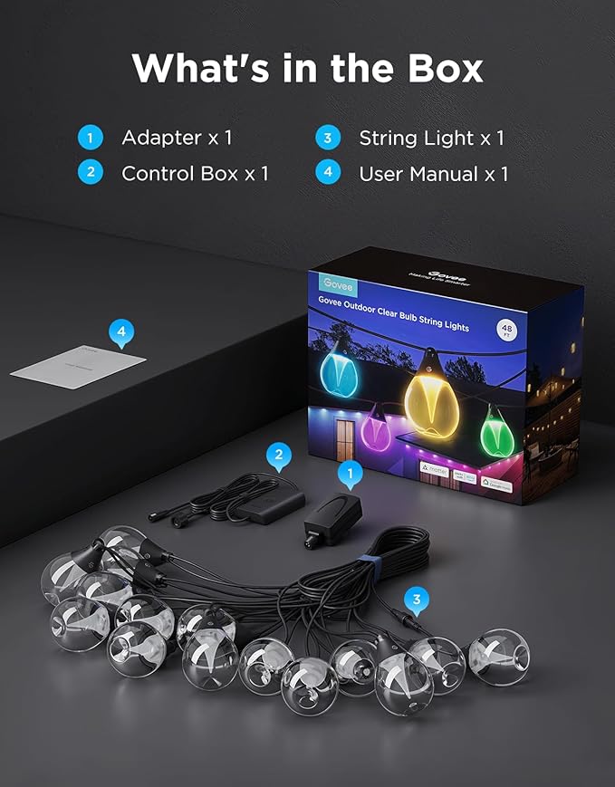 Govee Clear Bulb Outdoor String Lights 48ft RGBWIC Dimmable Patio &amp Backyard Lights with 15 LED Bulbs 111 Modes IP67 Waterproof &amp Shatterproof Works with Alexa Google &amp Matter