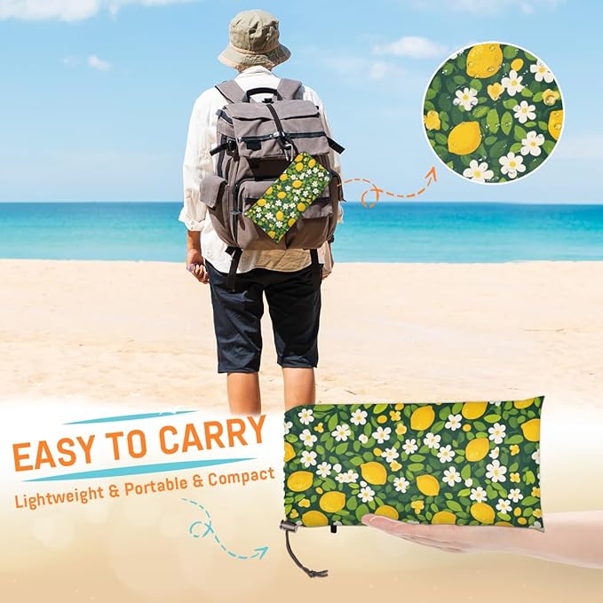 Waterproof Sandproof Beach Blanket 59''×68'' Lemon Fruit &amp Flower Polyester Outdoor Picnic Blanket with 4 Stakes &amp Storage Bag for BeachCampingVacation Green