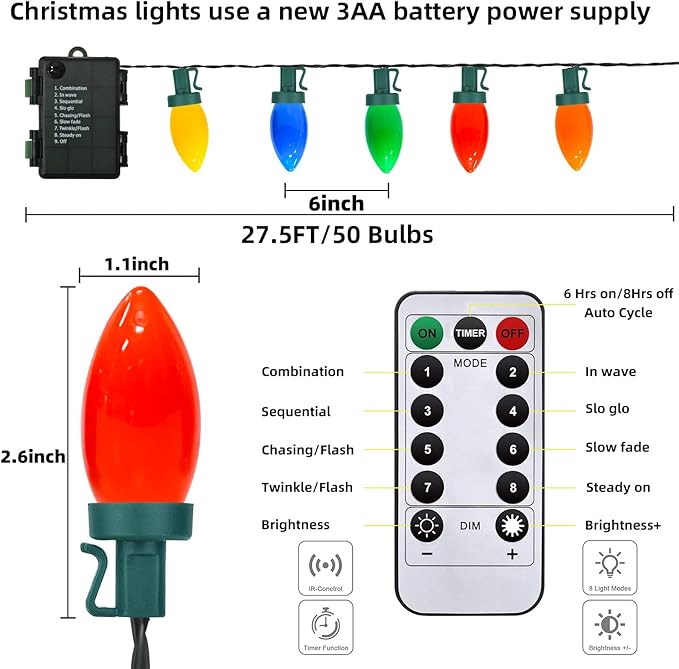 27.5FT C9 LED Christmas Lights Outdoor Battery Operated Lights with 8 Mode Remote Control 50 Twinkle Big Christmas Light for Colored Xmas Tree Light &amp Home Yard Lawn Decorations