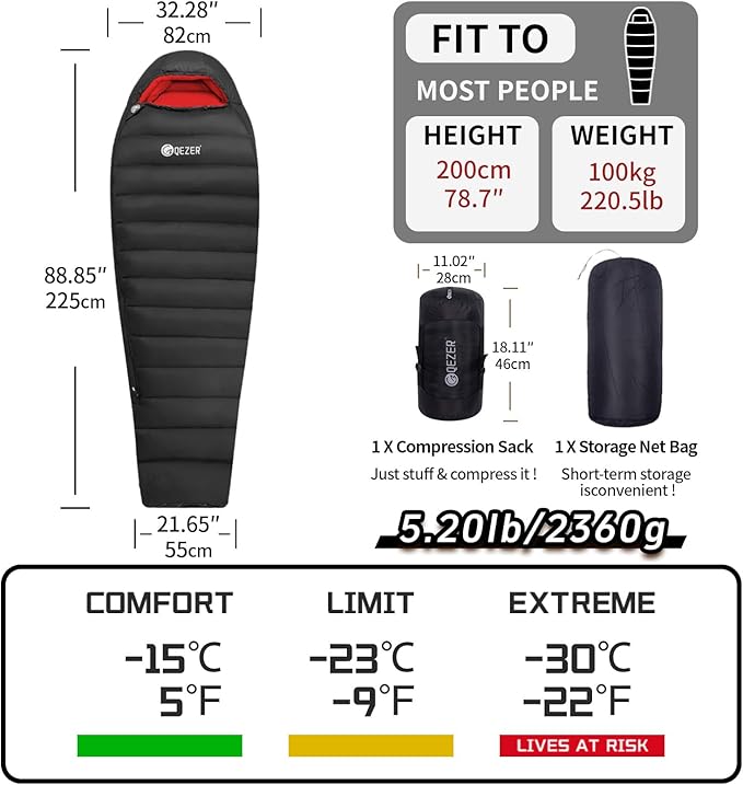 0 Degree Sleeping Bag for Adults 650 Fill Power Down Sleeping Bag for Cold Weather -20F / -8F / 0F / 10F Large Lightweight