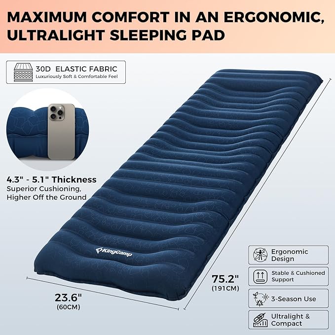 KingCamp Sleeping Pad for Camping Ultralight Connectable Inflatable Sleeping Pad Camping Mattress with 6.3 Built-in Pillow &amp Foot Pump for Backpacking Hiking Tent Cot