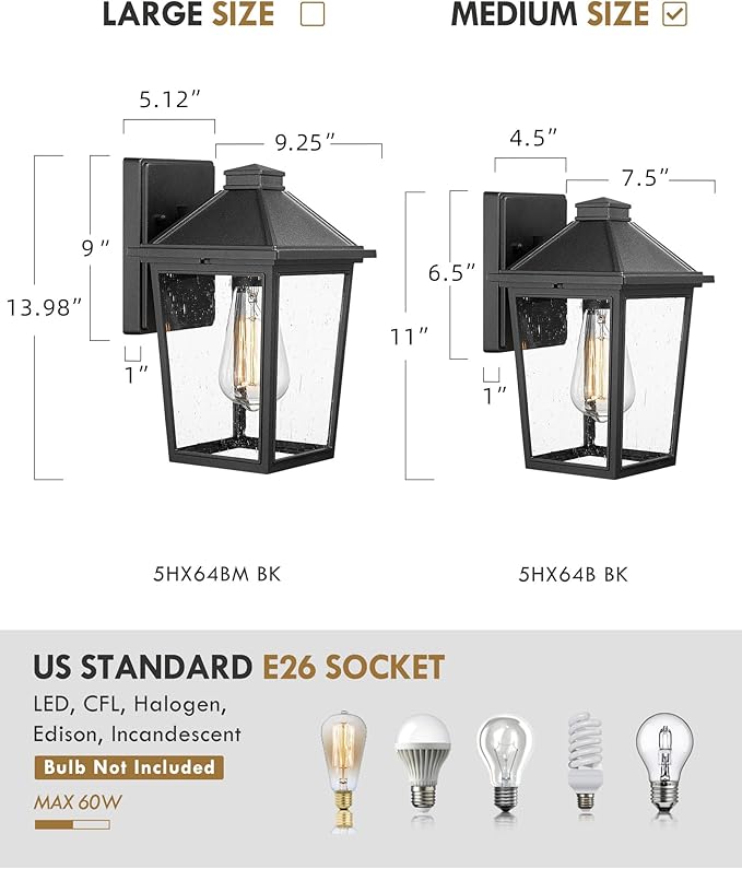 Outdoor Wall Sconce HWH Exterior Wall Lantern Porch Lights Outdoor Wall with Seeded Glass Shade Waterproof for Doorway Hallway Garage Matte Black Finish 5HX64B BK