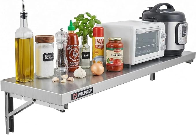 Wilprep Stainless Steel Shelf 12x 48 Folding Shelf Commercial Shelf for Kitchen Wall 220lb Metal Foldable Storage Shelf with &amp Support Brackets for Restaurant Kitchen Laundry Room Garage