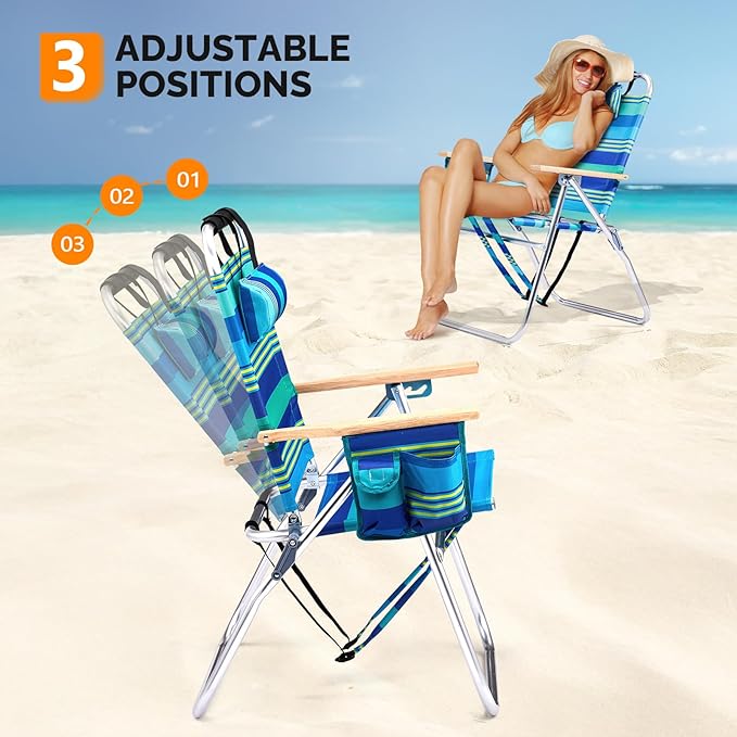 Bonnlo Lightweught 17 Backpack Beach Chair Tall Beach Chairs for Adults Portable with Adjustable Straps 3-Position Reclining Cup Holder High Beach Chairs for Beach