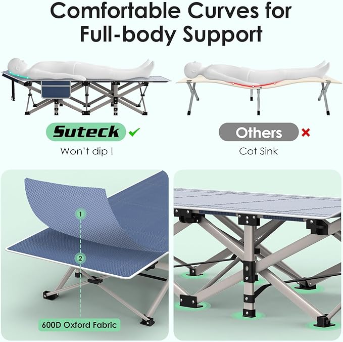 Suteck Camping Cot Folding Camping Cot Bed for Adults Sleeping 1200D Double Layer Oxford Portable Folding Outdoor Cots for Camping W/Soft Pad Carry Bag for Home Office Nap Beach Travel 500LBSBlue
