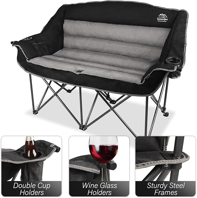 Fully Padded Folding Double Camping ChairsComfy Oversized Loveseat Lawn Chair w/Wine Glass HolderCup HolderHeavy Duty Outdoor Portable Camp Couch Support 600 LbsBlack