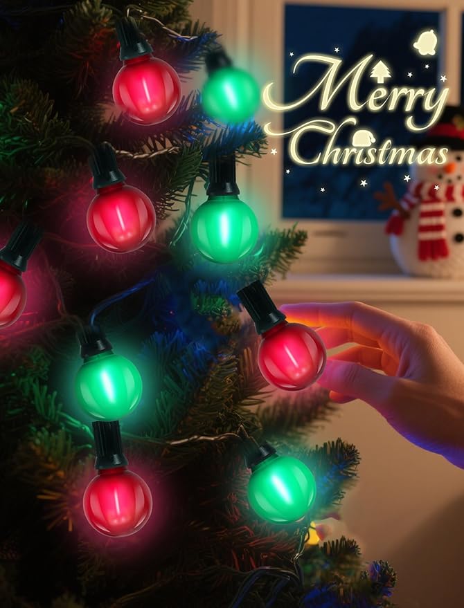 50FT G40 Christmas String Light Outdoor Frosted Red and Green LED Christmas Lights with 27 Shatterproof LED Bulbs(2 Spare) Waterproof Patio Lights for Holiday Party Backyard Xmas Decor