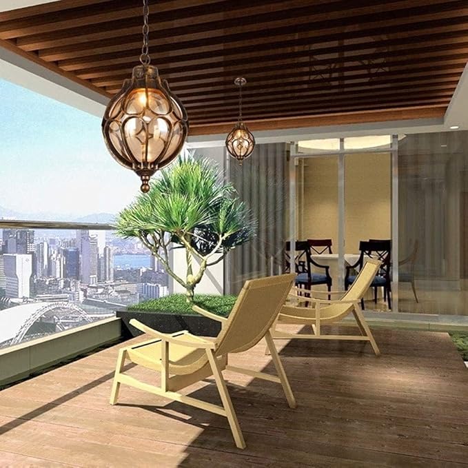 SLAWA Outdoor Pendant Lights for Porch Vintage Exterior Hanging Lantern with Spherical Glass Lampshade Bronze Aluminum Fixture for Gazebo Entry Yard