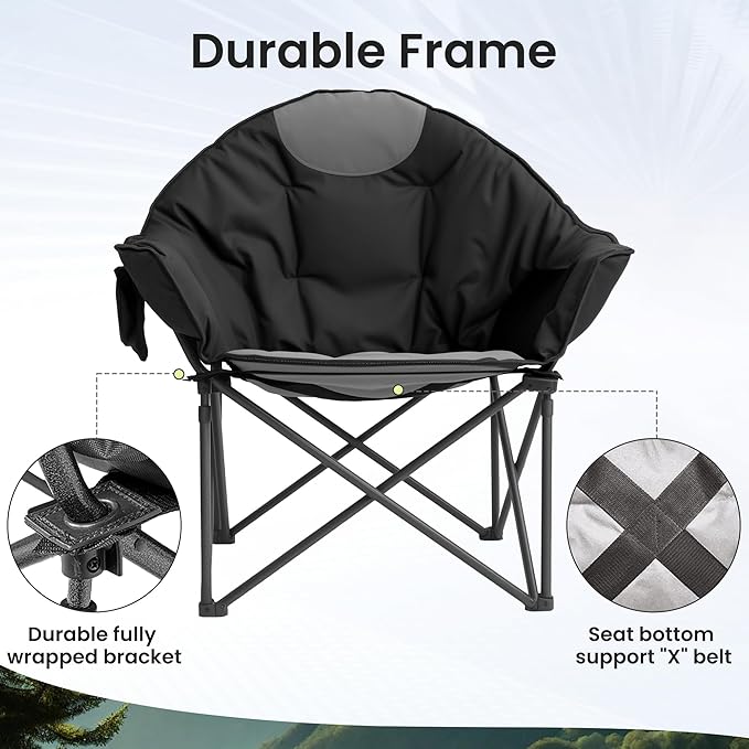 Oversized Camping Chair with Cup Holder &amp Carry Bag 500lbs Heavy Duty Moon Saucer Folding Chair for Outdoor Lawn Sports Patio Black