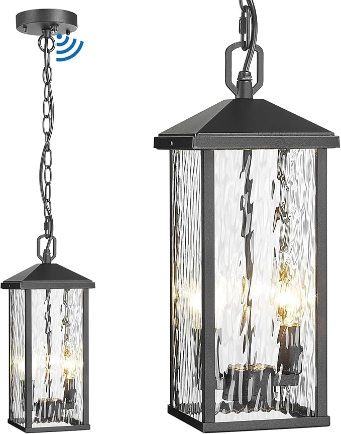 Outdoor Pendant Lights for Porch Chandelier Outdoor Pendant Lights Dusk to Dawn 2-Light Modern Hanging Porch Lights Exterior Hanging Light Fixture with Water Ripple Glass for Patio Gazebo