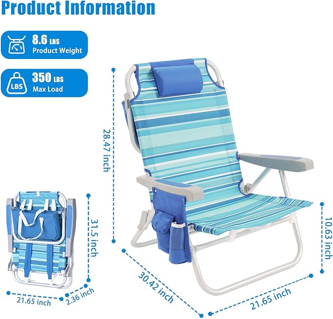 SUNNYFEEL Beach Chairs for Adults 2 Pack 5 Position Lay Flat Portable Folding Backpack Beach Chair Heavy Duty with Cooler Bag Cup Holder for Outdoor/Lawn/Picnic Foldable Camping Chair