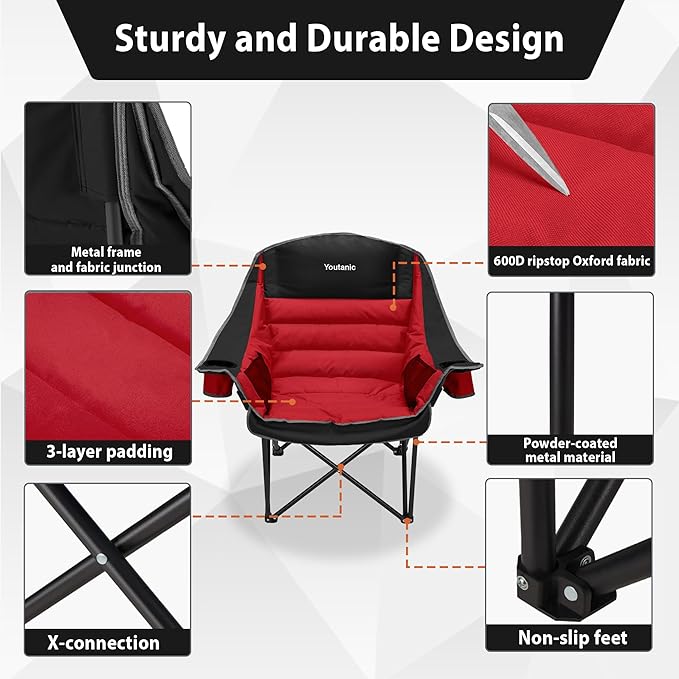 Oversized Camping Chair Portable Folding Camping Chairs with Side Pocket Cup Holder and Carry Bag Heavy Duty Outdoor Camping Chairs for Adults Fishing Sports Trip up to 400lbs Style 5