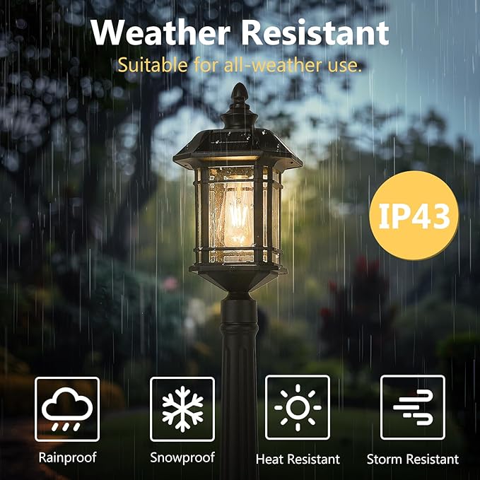 Emliviar 82 Solar Street Lamp Outdoor LED Dusk to Dawn Pole Solar Light with Remote Control Waterproof Post Lighting with Seeded Glass A2202110PL-SL BK