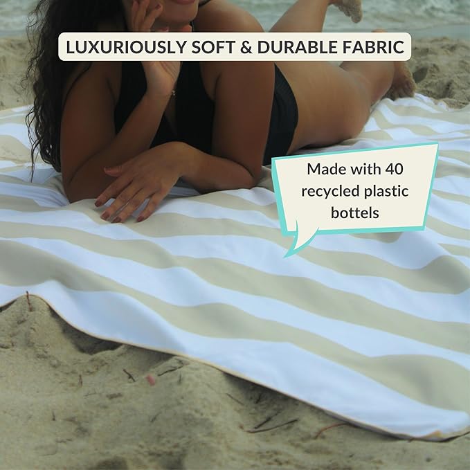 Plush Microfiber Beach Blanket Extra Large Beach Mat for 3-6 Persons Sandproof Windproof | Hole for Umbrella Corner Sand Pockets to Fight Wind (Bag for Blanket Included)