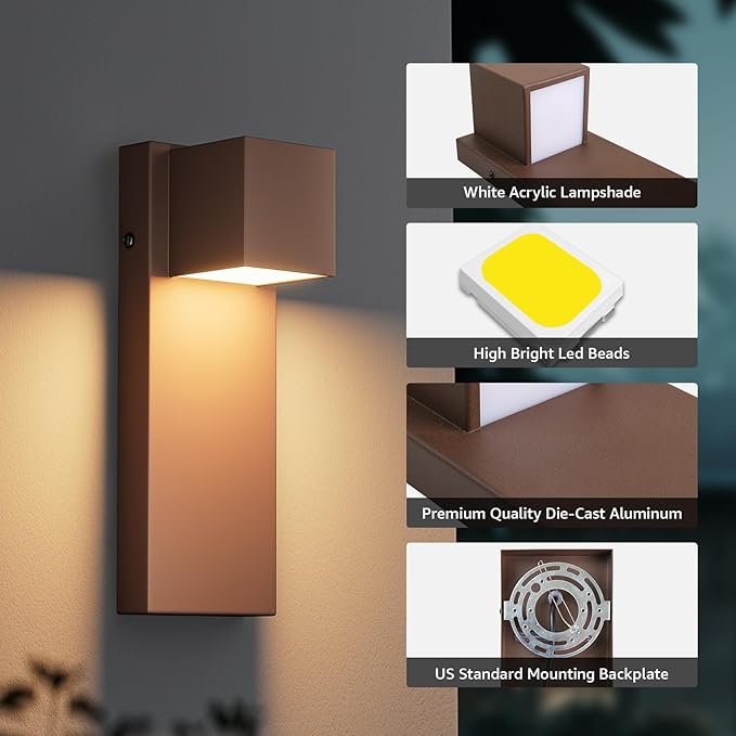 2 Pack 13 Modern Outdoor Led Wall Light16W 3000K 1200Lumen Porch &amp Patio Hardwired Wall Mount Wall SconcesExterior IP65 Waterproof Aluminum Wall Lamp for Front Door Garage Garden(Rust)