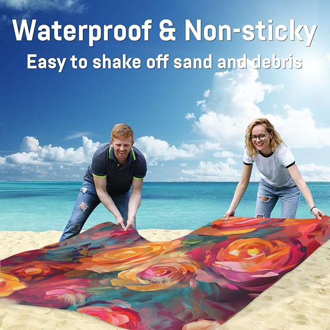 Waterproof Sandproof Beach Blanket 59''×68'' Oil Paintings Polyester Outdoor Picnic Blanket with 4 Stakes &amp Storage Bag for BeachCampingVacation Rose