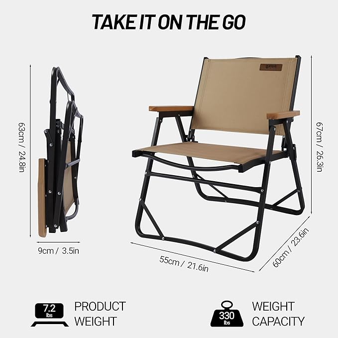 Lightweight Folding Camping Chair Gravel Brown Aluminum Outdoor Beach Chair with Solid Wood Armrest Portable Collapsible Fishing Chair for Hiking Beach Backpacking Lawn Picnic (1)
