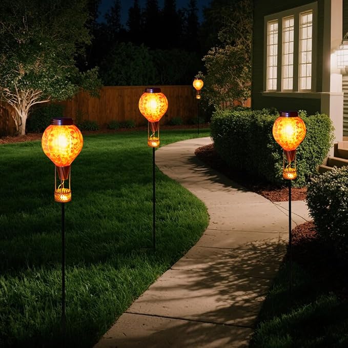 Solar Garden Lights Outdoor with Hot Air Balloon Stake Garden Lights Solar Waterproof Flickering Lantern Lawn Pathway Patio Decor(Purple)