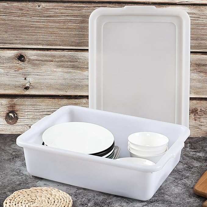 Hespama 3 Pack Commercial Bus Tub with Lid 13 L Plastic Dishpan Wash Basin White