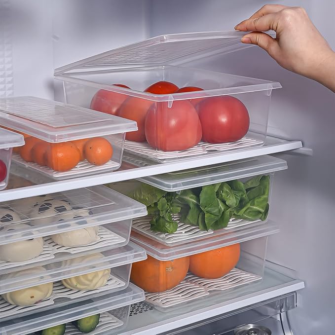 Food Storage Container Plastic Food Containers with Removable Drain Plate and Lid Stackable Portable Freezer Storage Containers - Tray to Keep Fruits Vegetables Meat (X-Large(4PCS))