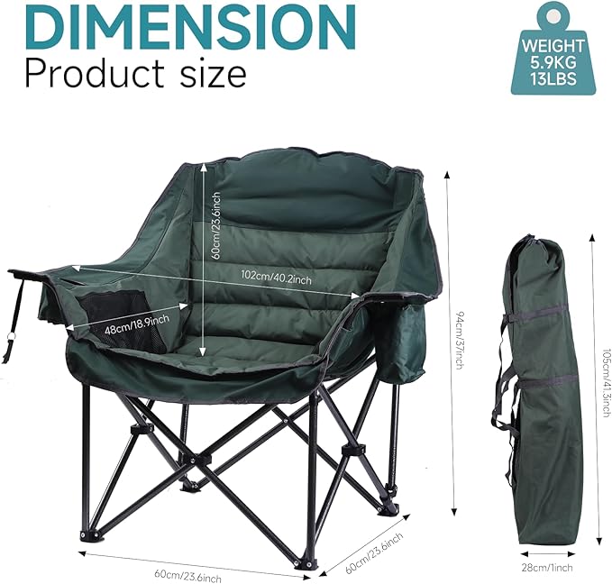 CDEN Heated Padded Chair Heated Camping Chair Heated Outdoor Chair Oversized Camping Chair with Cooler Bag Side Bag Heavy Duty Power Bank (1 Pack)
