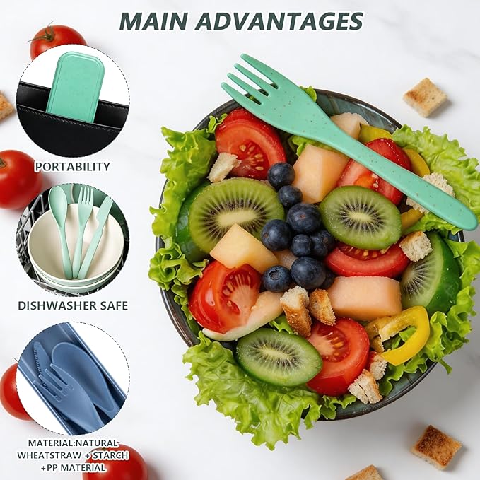 24 Sets Reusable Travel Utensils Set with Case Wheat Straw Portable Knife Fork Spoons Cutlery Eco-Friendly BPA Free Plastic Tableware for Kids Adults Travel Picnic Camping Utensils (8 Colors)