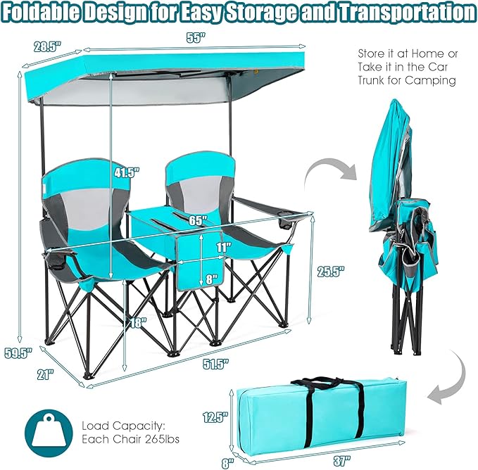 S AFSTAR Double Camping Chair w/Shade Canopy 2-Person Folding Camp and Beach Chair with Mini Table Beverage Cup Holder Carrying Bag Collapsible Camping Chairs for Garden Patio Pool Beach
