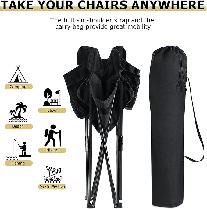 Leonyo Folding Camping Chairs Portable Outdoor Lawn Chairs for Adults with Carrying Bag for Outside Fishing Hiking &amp Festivals Black