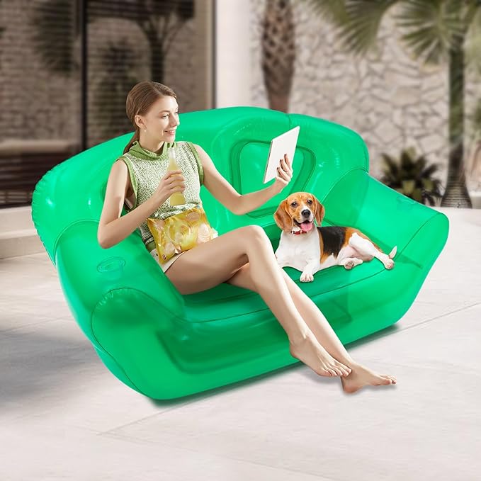 Transparent Inflatable Sofa Seat Blow up Chair Yard Portable Inflatable Couch Air Couch Patio Blow up Furniture for Camping Outdoor Beach Room Adult Teen 180*90*95cm/70.9*35.43*37.4in (Green)