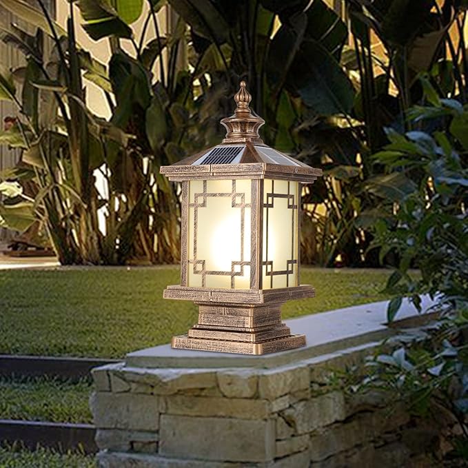 LED Solar Post Light Outdoor Aluminum Fence Post Cap Lamp Remote Control Dimmable Pillar Lights Solar IP65 Waterproof Column Light 15.7 X 7.3 Pillar Pedestal Lantern for Garden Yard