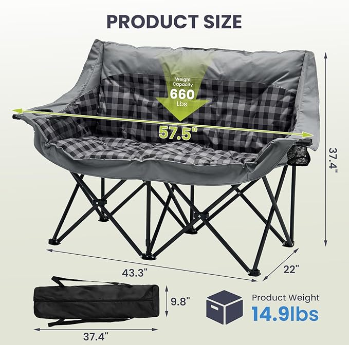 DoCred Double Camping Chair - Oversized Loveseat Padded Camp Chair 2 Person Camping Chairs for Adults Heavy DutyTwo Person Folding Chairs with Cup Holder for Outside Picnic Beach Travel