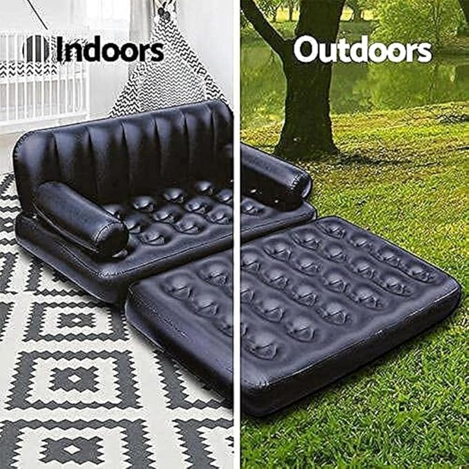 Folding Portable Inflatable Sofa Twin Bed Lazy Flocking Queen Size Air Bed Mattress - Great for Pop Up Indoor Living Room and Outdoor Balcony Backyard Camping Picnic RV + Foot Pump (Black)
