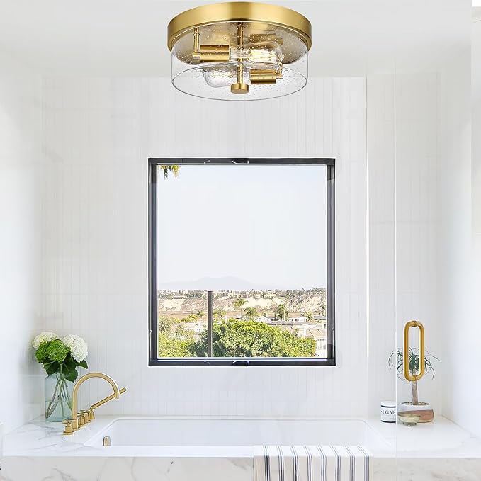 Flush Mount Ceiling Light Fixtures 2-Light Gold Ceiling Mount for Farmhouse with Seeded Glass Lampshade Industrial Flush Mount Light Fixture Farmhouse for Hallway Kitchen Entryway and Foyer
