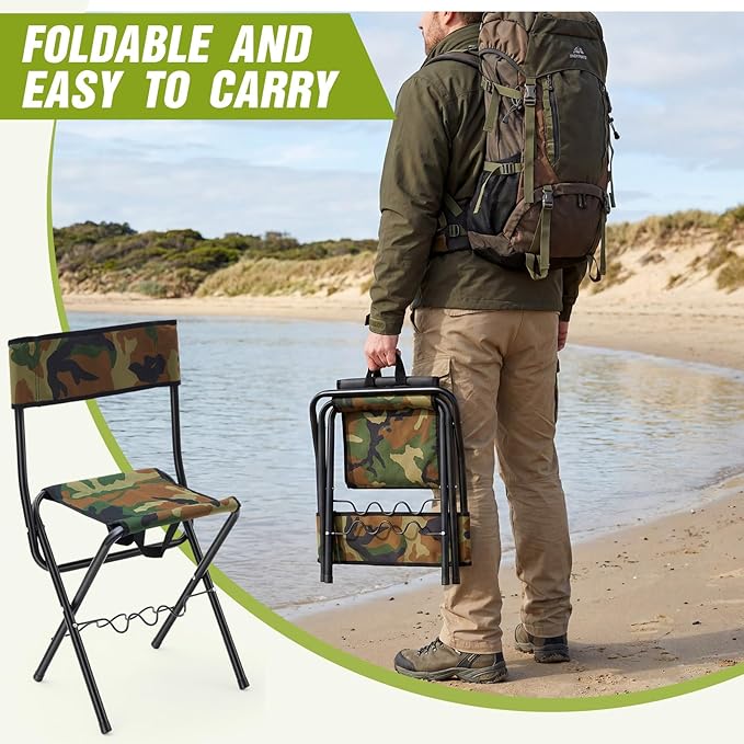 Wenqik 2 Pcs Summer Folding Fishing Chair with Rod Holder Hunting Camping Chairs for Adults Outdoor Portable Folding Chair for Men Women Ice Fishing Lawn Patio Garden Beach Gifts (Camouflage)
