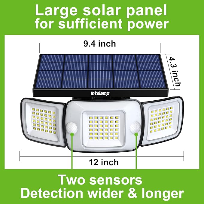 intelamp Solar Outdoor Lights6000mAh Motion Sensor with Dual SensorsWaterproof Solar Flood Lights 270°Wide Angle for Outside with 3 Modes