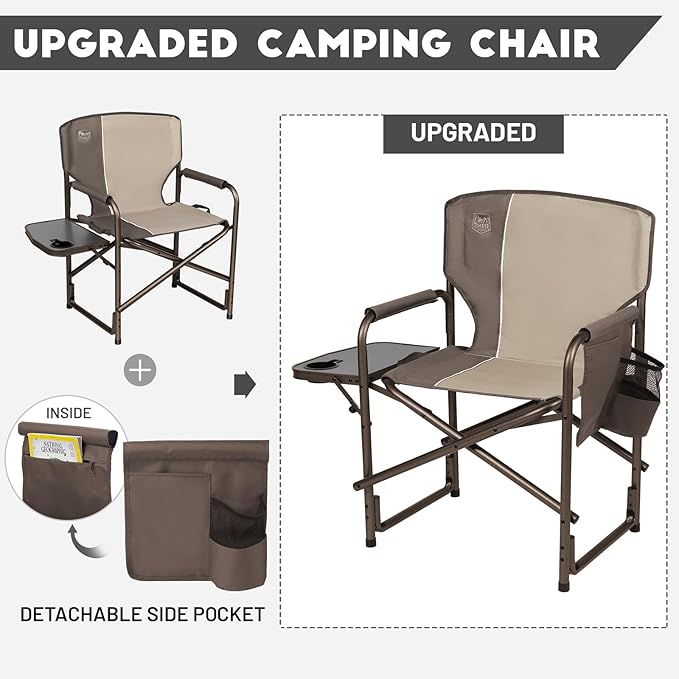 TIMBER RIDGE Aluminum Oversized Camping Chair Lightweight Portable Directors Chair with Side Table Detachable Side Pocket for Outdoor Camping Lawn Picnic Support 400lbs Tan 2 Pack