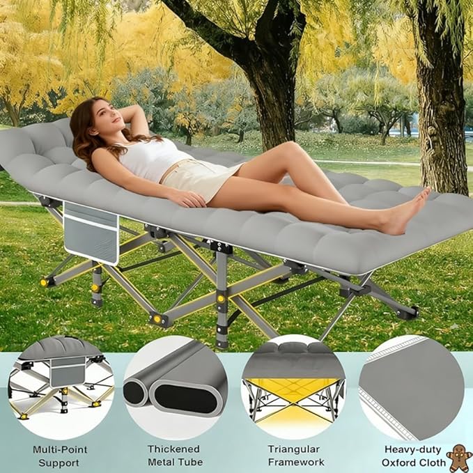 560-760 pounds Portable Folding Camping Bed (with Mattress) - Can be Used as a Recliner - Breathable Fabric Thick Steel Frame (Gray660 lbs)