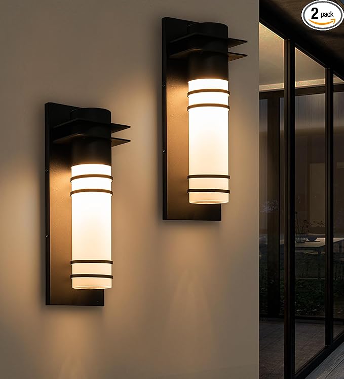 Outdoor Wall Lights Front Porch Dimmable LED Wall Sconce 10W Modern Exterior Lighting Fixture Wall Mount Black Patio Wall Lamps with Frosted Glass for House Set of 2
