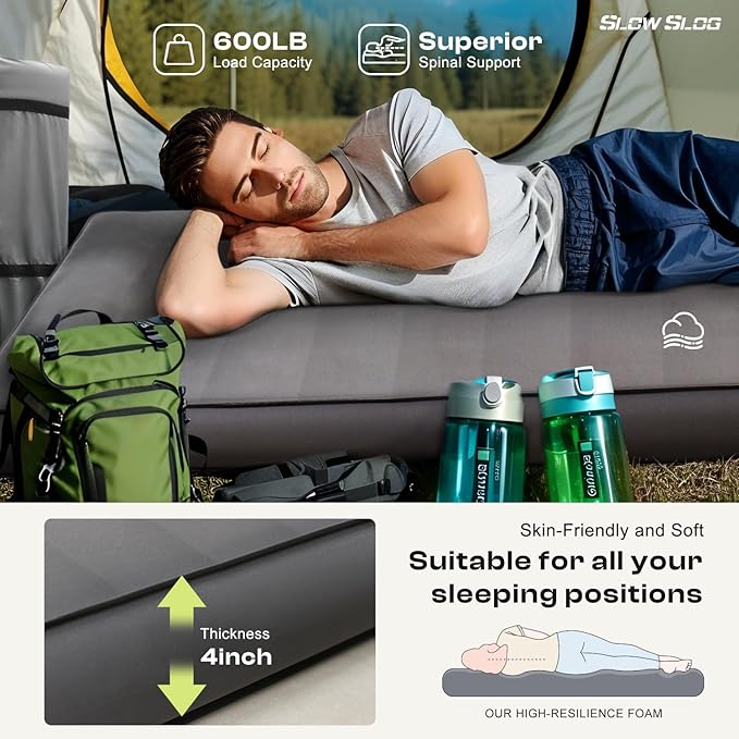 Self-Inflating Sleeping Pad with Portable Electric Air Pump 4in Thick Memory Foam Camping Mattress for Tent Cot &amp Car Travel Fast Inflate &amp Deflate Camping Pad