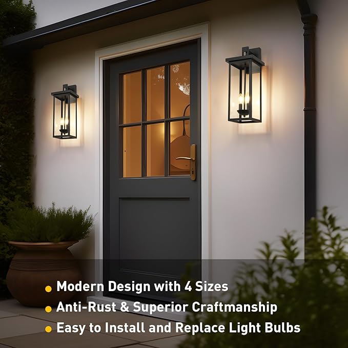 tewei 22 Inch Large Outdoor Wall Lights Dusk to Dawn Exterior Lighting Fixtures Black Modern Porch Light Outdoor Wall Lantern Sconce Lights for House Garage with Clear Glass Shade E12 Base 2 Pack