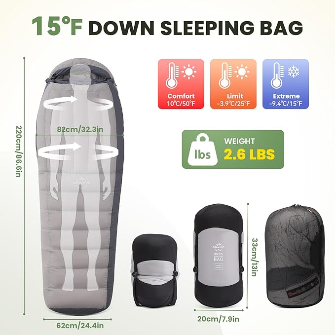 -10°F 0°F 10°F 15°F Down Sleeping Bag for Adults800/650 Fill PowerUltralight Wearable 4 Season Cold Weather Rectangle Sleeping Bag for Camping HikingCan be Used as a Down Blanket or Cloak