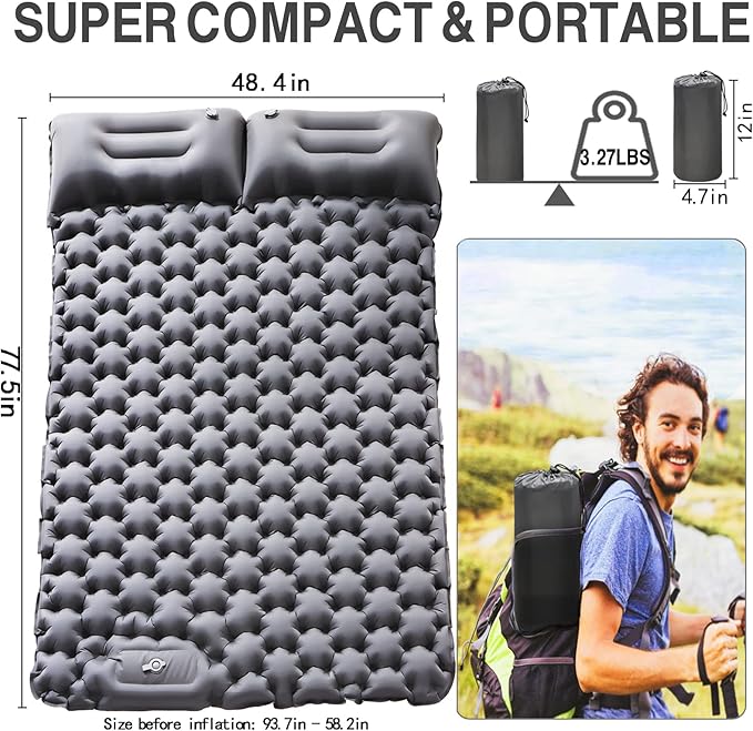 Double Sleeping Pad Camping Self Inflating 4'' Extra-Thick 2 Person Pillow Built-in Foot Pump Waterproof Inflatable Sleeping Mat Backpacking Tent Hiking Portable Camping Pad (Grey-Full)