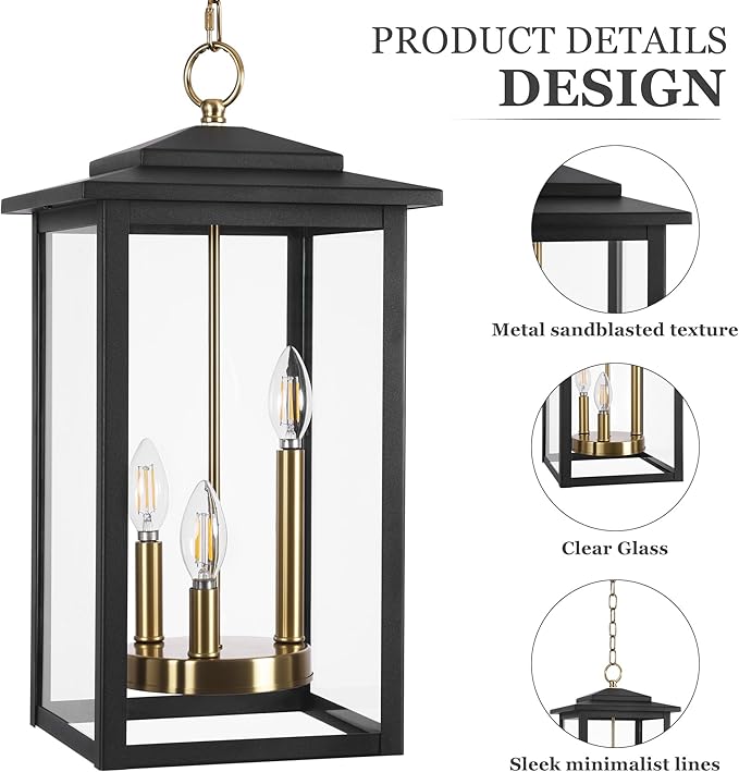 LamQee Large Outdoor Pendant Lights 3-Lights Black and Gold Outdoor Chandelier Lighting Fixture Modern Exterior Ceiling Hanging Lantern with Glass for Porch Front Door Patio Gazebo Entryway Foyer