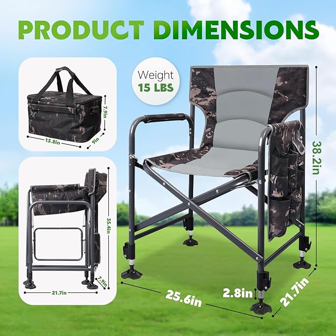 Fishing Chair with Rod Holder Folding Heavy Duty Ice Fishing Camping Chair with Liftable Cooler Bag Cup Holder Adjustable Legs