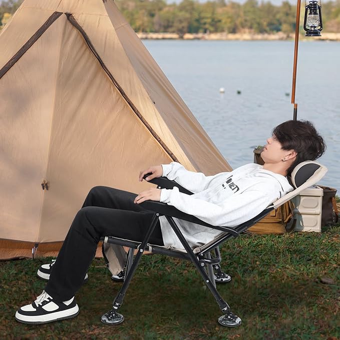 Reclining Fishing Chair Foldable Outdoor Angler Seat with Detachable Cushion &amp Anti-Slip Steel Feet Height Adjustable Patio Beach Recliner Carbon Steel Rod Chair Heavy-Duty Camping BBQ Lawn Ch