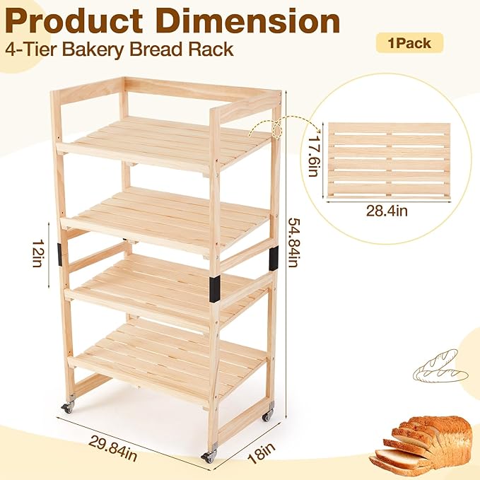 55 x 30 x 18 4 Tier Wood Bakery Bread Rack with Angled Shelves Bread Fruit Vegetable Display Shelf Stand for Shop Pantry Office Grocery Supermarket Kitchen Organizer